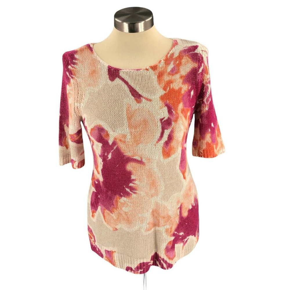 Chicos Womens Sweater 0 Small Beige Blouse Knit Short Sleeve Breathable Linen